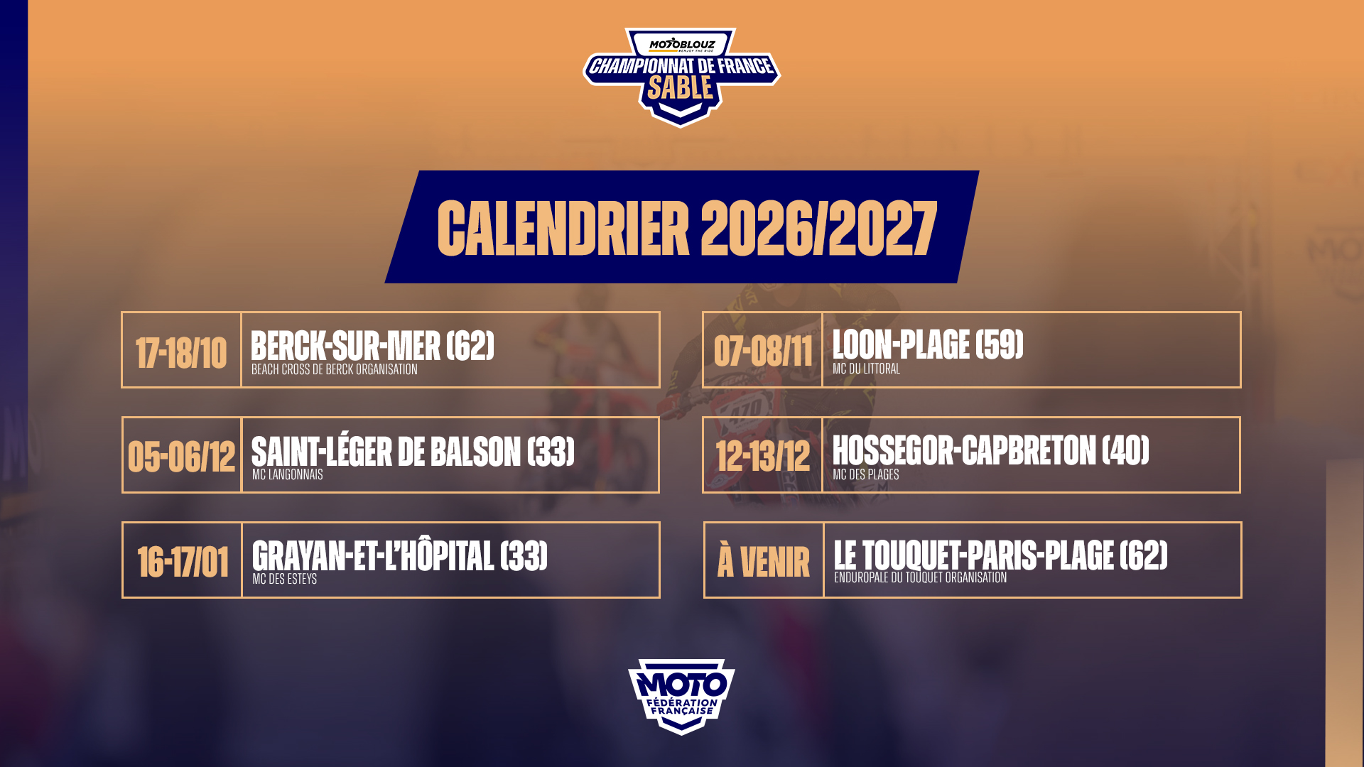 Le calendrier du CFS Motoblouz 2026-2027